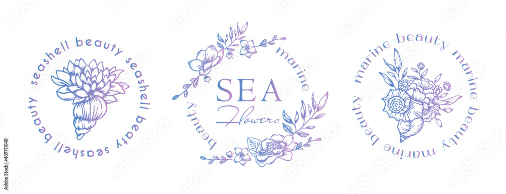 Sea ​​logo. Seashells and flowers. Soap, sea scents. For beauty natural and organic products, cosmetics, spa and wellness, fashion, wedding and jewelry.