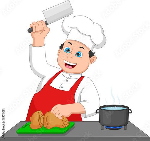 chef cuts chicken meat cartoon