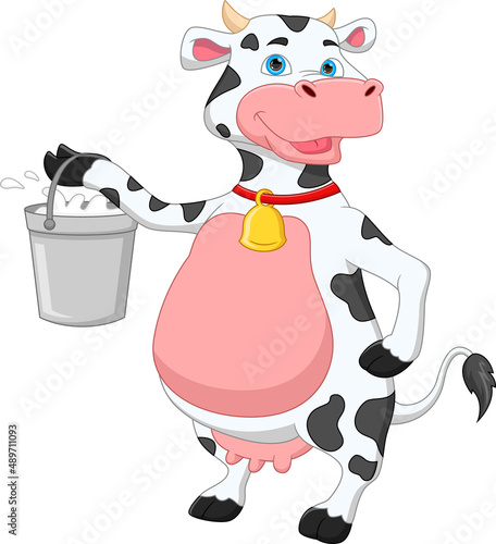 cartoon cute cow holding milk in a bucket