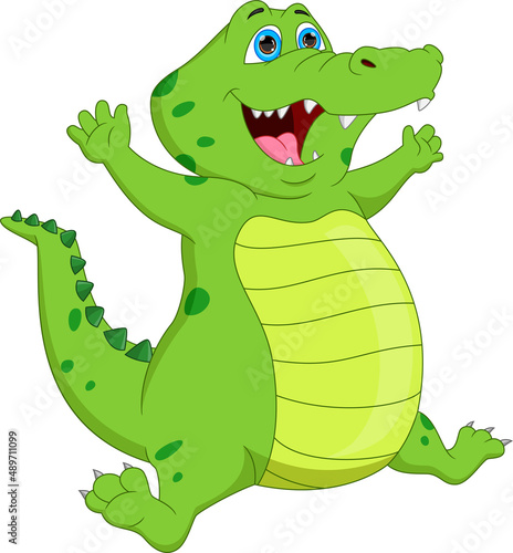 cute crocodile cartoon waving on white background