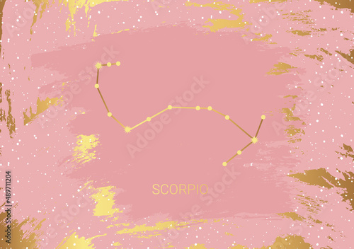 Hand drawn card of gold Scorpio, star, brush. Constellation celestial space. Zodiac horoscope symbol, star astrology, astrology sign, icon. Magic space galaxy, vector sketch illustration