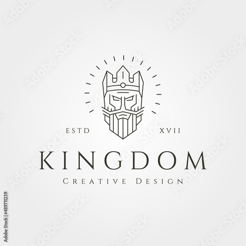 bearded king head line art logo vector with crown symbol illustration design