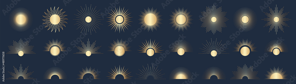 Hand drawn set of golden Sun, sunburst, light rays in line art. Bohemian symbol bursting sun rays. Magic talisman, antique style, boho, tattoo, logo. Vector illustration.
