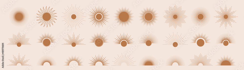 Hand drawn set of Sun, sunburst, light rays in line art. Bohemian symbol bursting sun rays. Magic talisman, antique style, boho, tattoo, logo. Vector illustration isolated on white background.