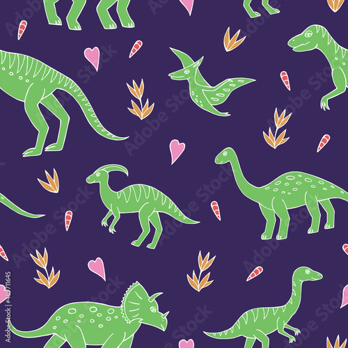Seamless vector pattern with sketch of dinosaurs and abstract floral. Decoration print for wrapping  wallpaper  fabric. Seamless vector texture. 