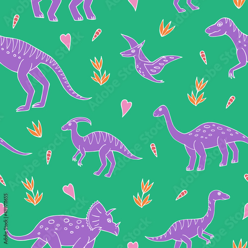 Seamless vector pattern with sketch of dinosaurs and abstract floral. Decoration print for wrapping  wallpaper  fabric. Seamless vector texture. 