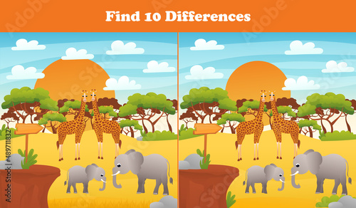 Find ten differences printable worksheet with african safari elephants and giraffes and desert landscape for kids