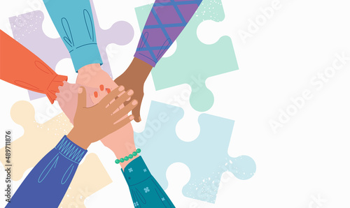 People putting their hands together. Unity and support gesture. Concept of support, teamwork and cooperation. Flat vector illustration.