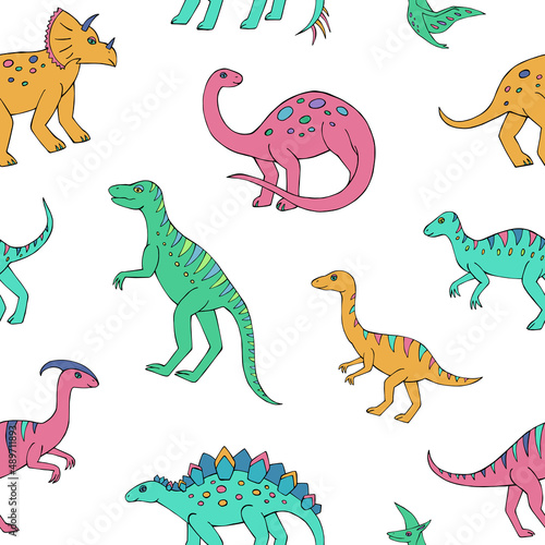 Seamless vector pattern with sketch of dinosaurs. Decoration print for wrapping  wallpaper  fabric. Seamless vector texture. 