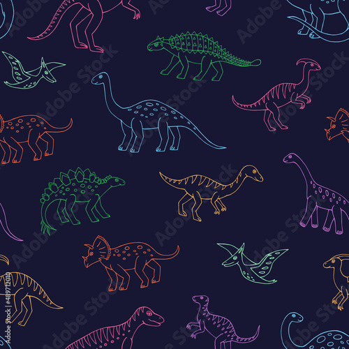 Seamless vector pattern with sketch of dinosaurs. Decoration print for wrapping, wallpaper, fabric. Seamless vector texture. 