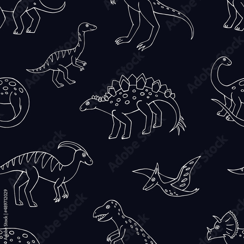 Seamless vector pattern with sketch of dinosaurs. Decoration print for wrapping, wallpaper, fabric. Seamless vector texture. 