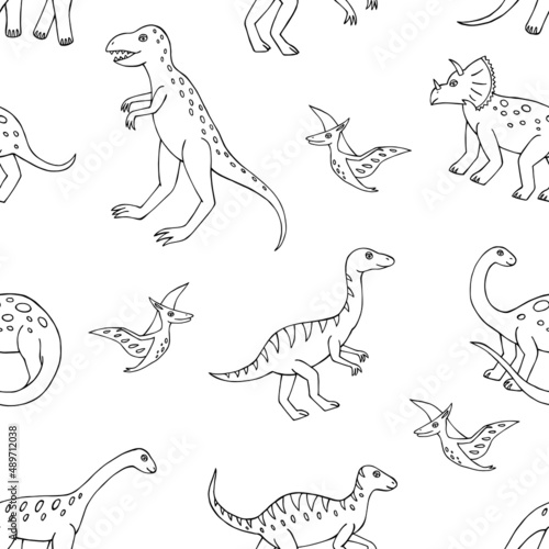 Seamless vector pattern with sketch of dinosaurs. Decoration print for wrapping  wallpaper  fabric. Seamless vector texture. 