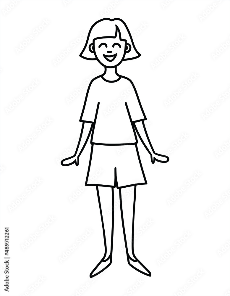 Drawing of a man in doodle style. Contour linear illustration of a smiling girl, Hand drawn woman standing in shorts, Simple clipart Drawing of a man in doodle style. Contour linear illustration of a smiling girl, Hand drawn woman standing in shorts, Simple clipart