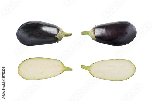 Eggplant isolated whole and halved photo