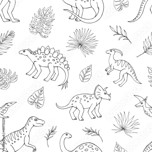 Seamless vector pattern with sketch of dinosaurs and tropical plant. Decoration print for wrapping  wallpaper  fabric. Seamless vector texture. 