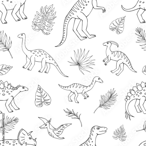 Seamless vector pattern with sketch of dinosaurs and tropical plant. Decoration print for wrapping, wallpaper, fabric. Seamless vector texture.