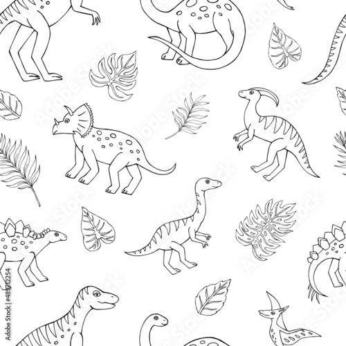 Seamless vector pattern with sketch of dinosaurs and tropical plant. Decoration print for wrapping  wallpaper  fabric. Seamless vector texture.