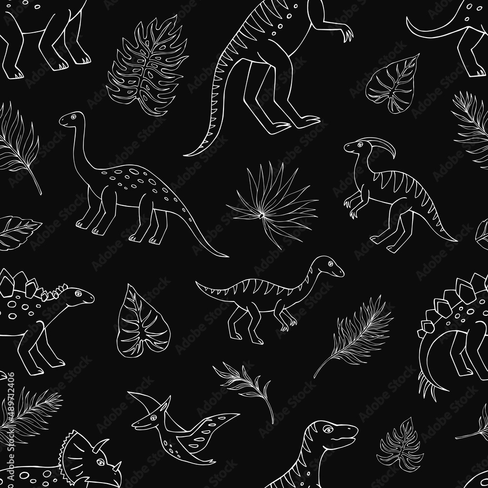 Seamless vector pattern with sketch of dinosaurs and tropical plant. Decoration print for wrapping, wallpaper, fabric. Seamless vector texture. Seamless vector pattern with sketch of dinosaurs and tropical plant. Decoration print for wrapping, wallpaper, fabric. Seamless vector texture.