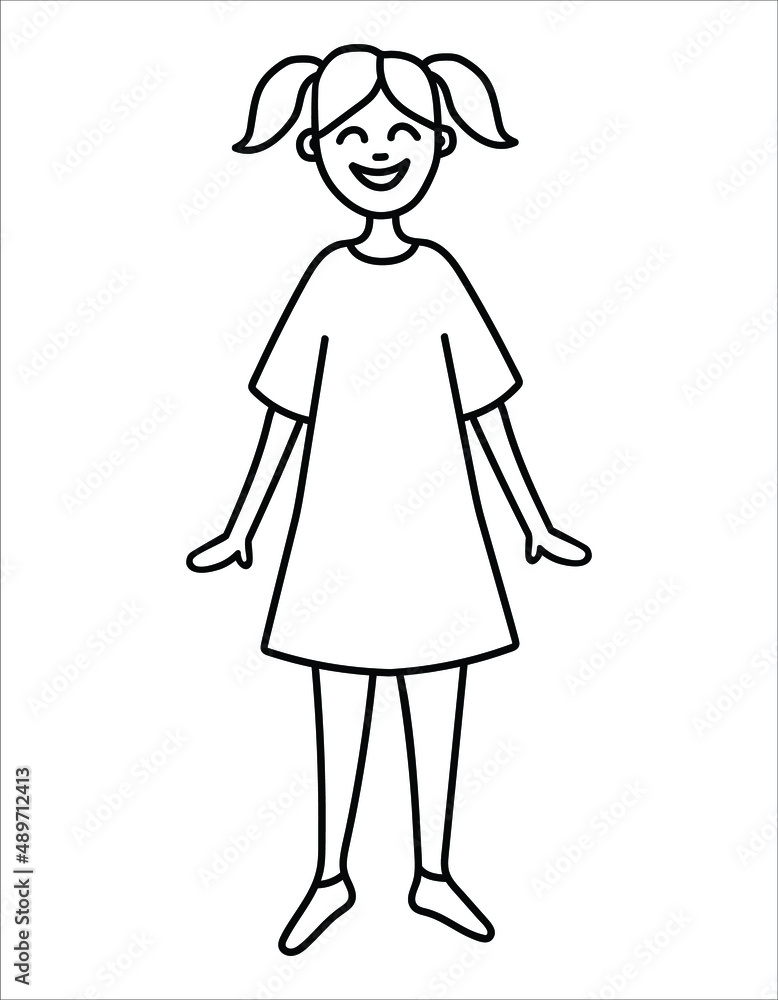 Drawing of a man in doodle style. Contour linear illustration of a smiling girl, Hand drawn woman standing in a dress, Simple clipart Drawing of a man in doodle style. Contour linear illustration of a smiling girl, Hand drawn woman standing in a dress, Simple clipart