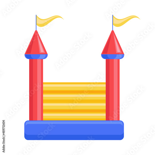 Bouncy inflatable castle. Tower and equipment for child playground. Vector line illustration