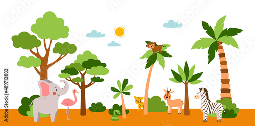 African animals safari horizontal banner. Flat vector illustration