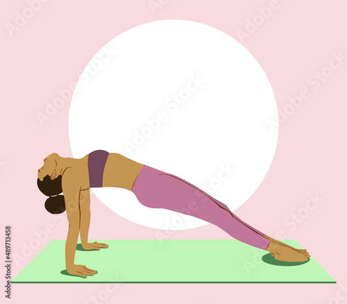 Black flexible girl with afro hair doing yoga in the Upward plank pose, on the mat. Flat vector illustration on yogic workout; wellness, healthy and spiritual lifestyle concept. Purvottanasana pose.