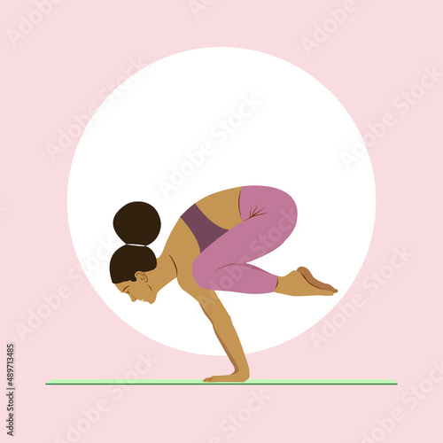 Black flexible girl with afro hair practicing yoga in the Crow pose, on the mat. Flat vector illustration on yogic workout;  wellness, healthy and spiritual lifestyle concept. Ashtanga Bakasana pose.