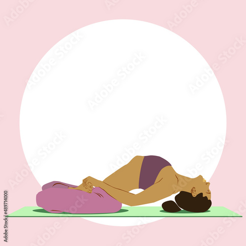 Young black african american girl with afro hair doing yoga matsyasana position on the mat. Flat vector illustration on yogic workout, meditation, healthy, spiritual lifestyle concept. Asana fish pose
