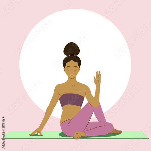 Young black girl with afro hair doing yoga ardha matsyendrasana, on the mat. Flat vector illustration on yogic workout, meditation, healthy, spiritual lifestyle concept. Asana half lord of the Fishes
