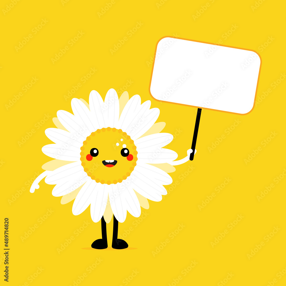 Cute camomile, daisy flower character holding in hands blank sign, banner.
