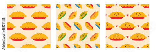 Set, collection of three vector seamless pattern background with apple pies and colorful pie characters for food design.
