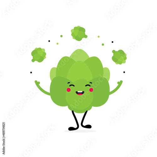 Vector cartoon style illustration with cute happy green artichoke character juggling little artichokes.
