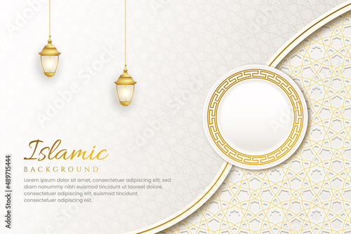 White luxury islamic background with decorative ornament pattern and lanterns Premium Vector