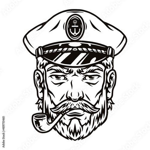 Monochrome vintage bearded sailor captain smoking pipe isolated vector