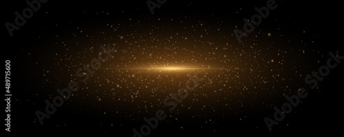 Vector bright space explosion. Golden burst of light with sparks. Abstract glowing magical dust isolated on black background. Lights effects. Flare and glare. Orange flash