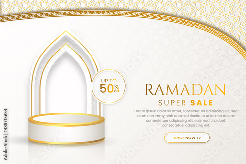 White luxury islamic background with decorative ornament pattern and lanterns Premium Vector