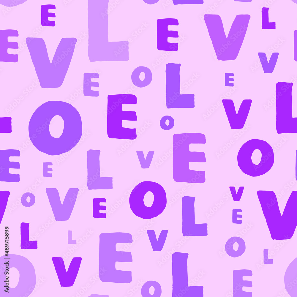 Repeatable seamless pattern with letters of word love. Lovely purple and pink colors