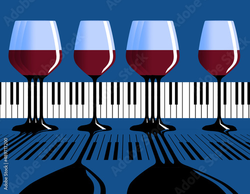 Photography Glasses of wine and a piano keyboard are combined in this illustration that could be used to make posters or advertising for a wine and music festival or event