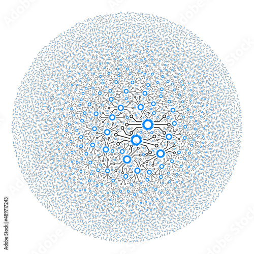 Electronic gear symbols are organized into ball collection. Electronic gear icon bubble collage. Abstract sphere bubble collage done with electronic gear symbols.
