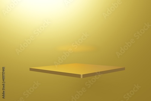 pedestal display with cube and background in abstract gold with box support concept. Podium for brand promotion products, realistic 3d digital rendering