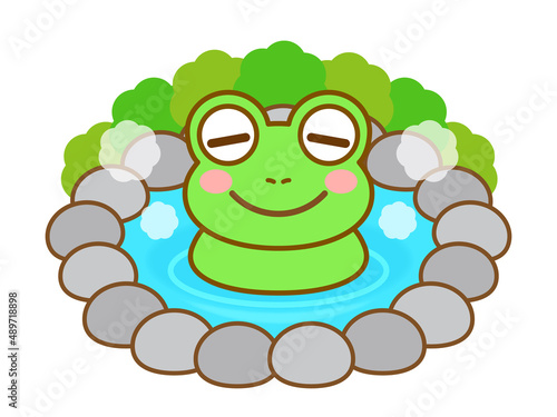 露天風呂に入るカエルのイラスト＿ベクター