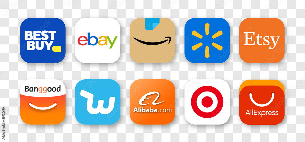 Set of popular icon app online shopping: Amazon, Ebay, Bestbuy, Aliexpress,  Wish, Banggood, Alibaba, Etsy, Target, Walmart. Vector editorial  illustration Stock Vector | Adobe Stock