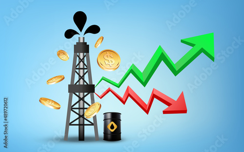 Crude oil, rig and barrel price concept, vector illustration