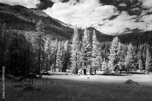 Wagon in western field at base of mountains, black and white infrared
