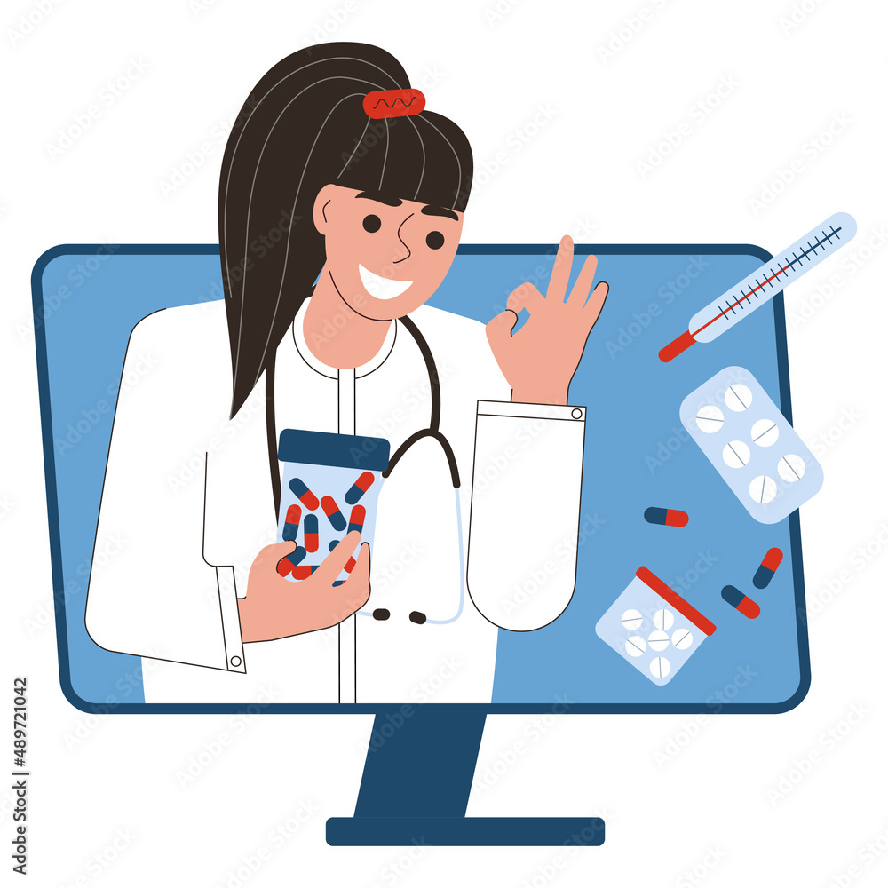 The concept of telemedicine or online medication ordering. A pharmacist sells medicine in an online pharmacy. Flat vector illustration on white background. For print, web design. The concept of telemedicine or online medication ordering. A pharmacist sells medicine in an online pharmacy. Flat vector illustration on white background. For print, web design.