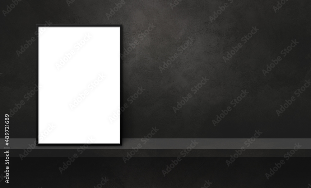 Picture frame leaning on a black shelf. 3d illustration. Horizontal banner Picture frame leaning on a black shelf. 3d illustration. Horizontal banner