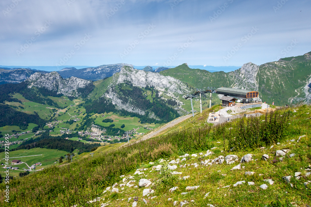 Ski lift in mountain landscape. The Grand-Bornand, France