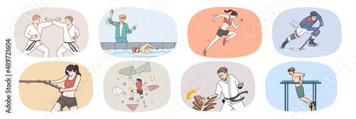 Set of sportsmen exercise training for better performance and results. Collection of young people athletes do sports workout follow healthy lifestyle. Physical activity. Flat vector illustration. 
