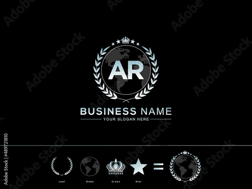 Alphabet AR Logo, Creative Ar Initial Letter Vector Logo Modern and circle Leaf Globe Royal Crown and Star Icon