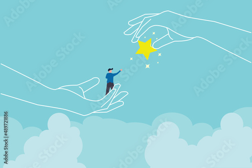 Employee success recognition, encourage and motivate best performance, cheering or honor on success or achievement concept, winning confidence business man standing on big hand getting star reward.